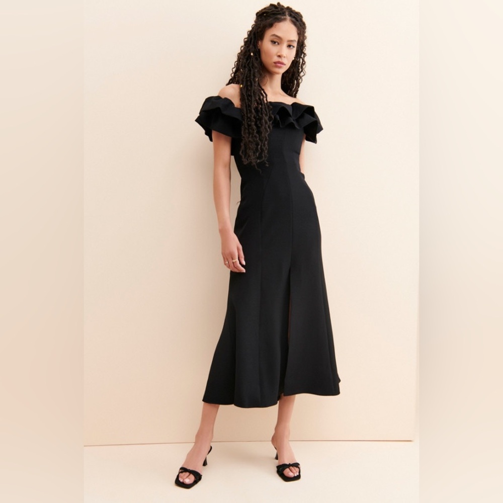 Anthropologie Keepsake Off The Shoulder Ruffle Midi Dress Size 6 Medium Black